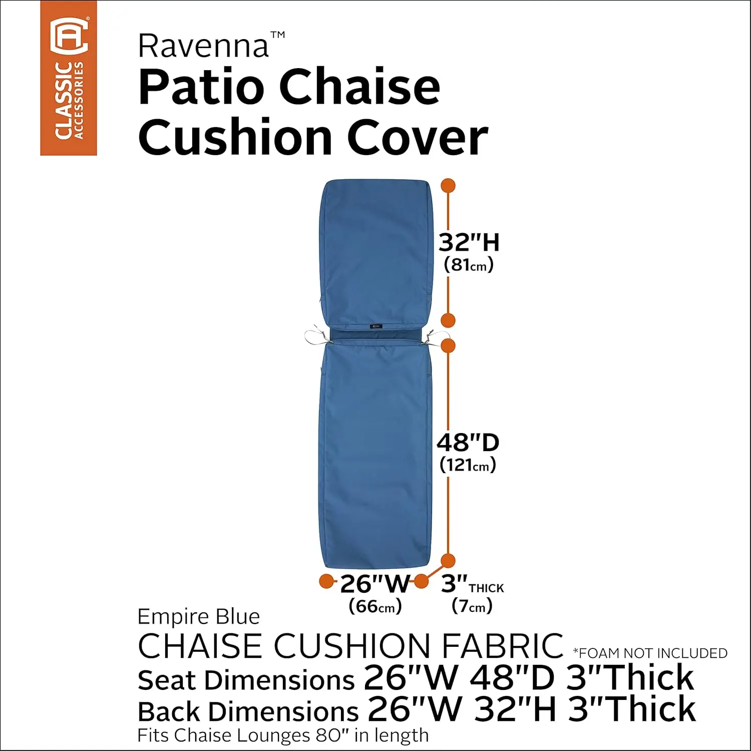 Ravenna Water-Resistant Patio Chaise Cushion Cover, 80 X 26 X 3 Inch, Empire Blue, Patio Furniture Cushion Covers