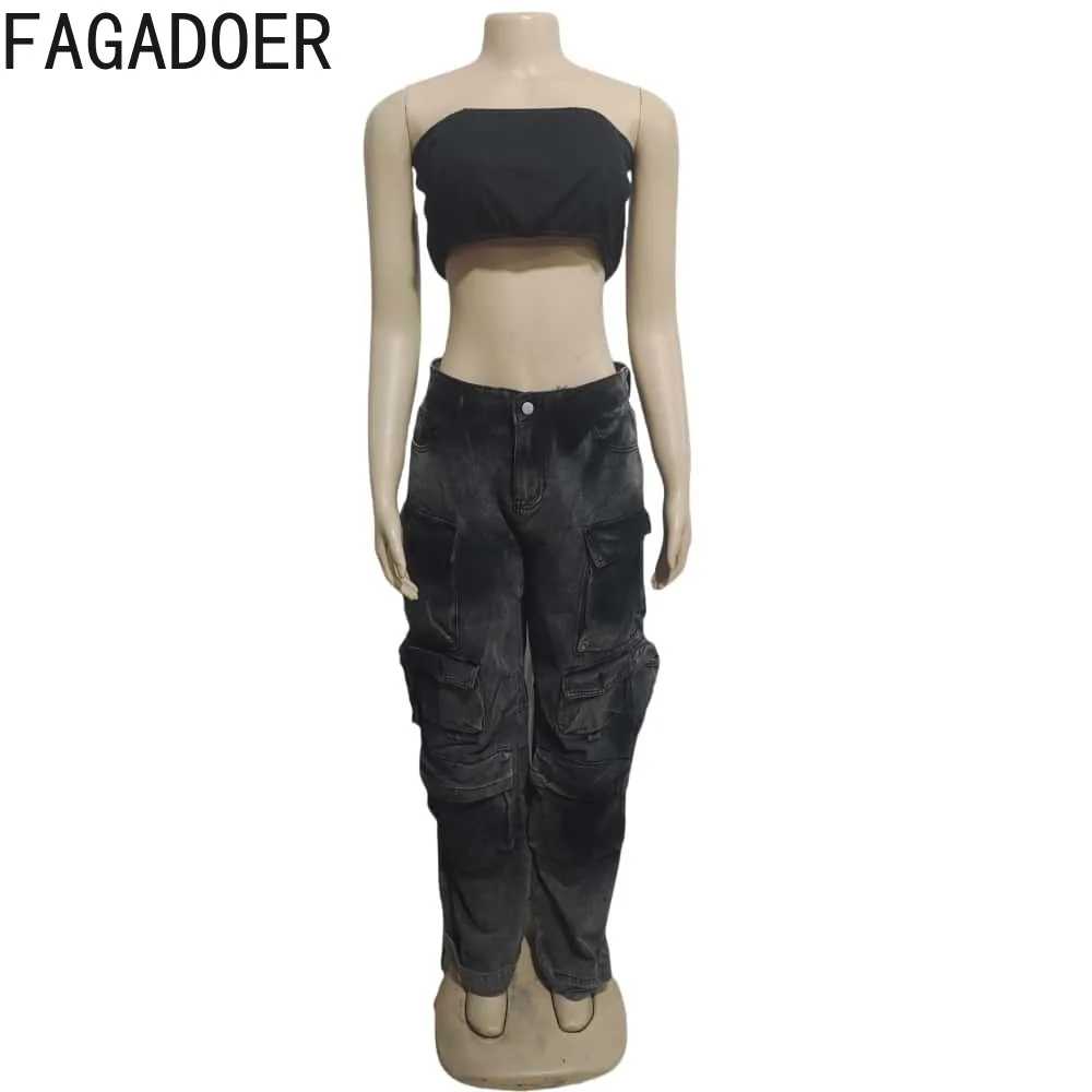 FAGADOER Y2K Cargo Jeans for Women Straight Wide Leg Denim Baggy Pants Tie Dye Black Streetwear  Pockets Jean Pants Trousers