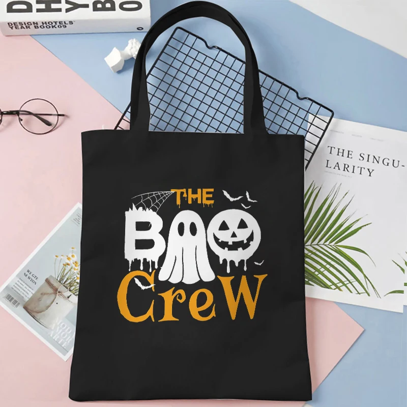 The Boo Crew Canvas Tote Bag Women Men Reusable Shopper Bag Harajuku Fashion Halloween Graphic Shoulder Handbags for Student