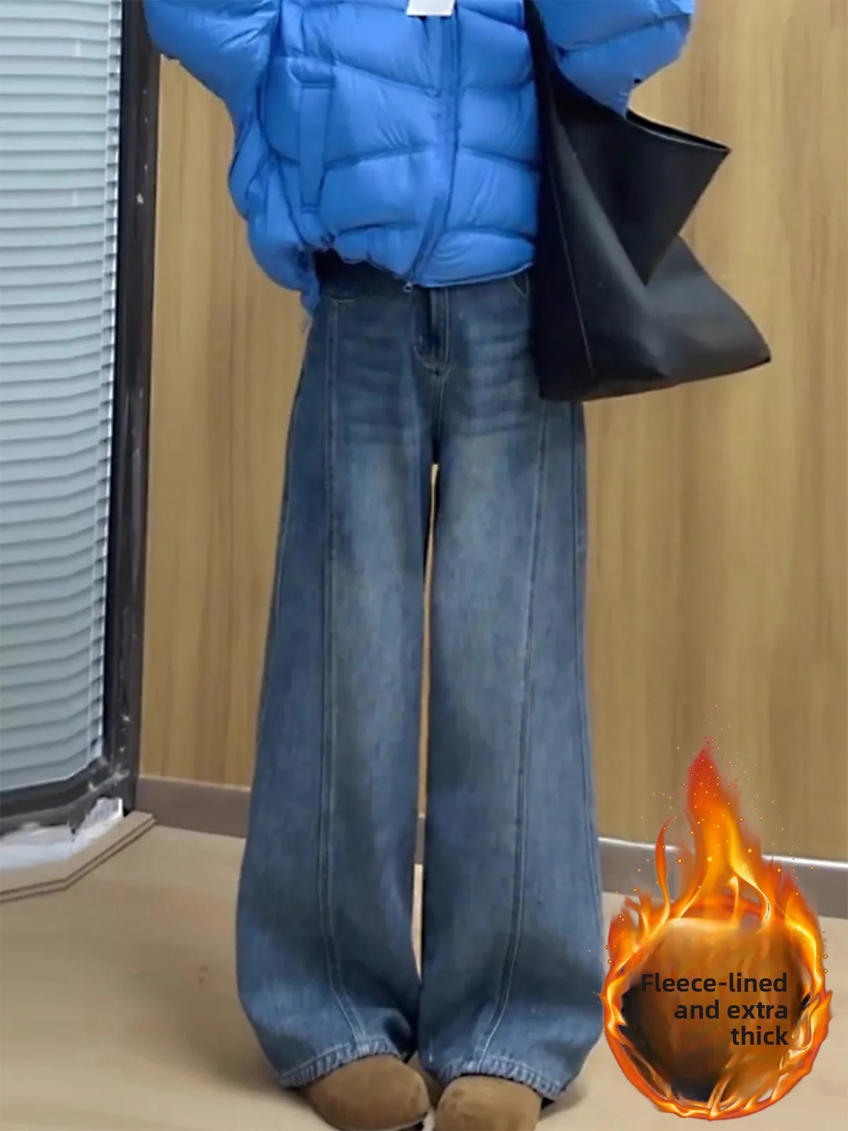 

Blue Fce Lined Wide Leg Straight Cut Jeans Women's Winter plus Size Slimming Vintage Versatile Long Trousers Casual High W...