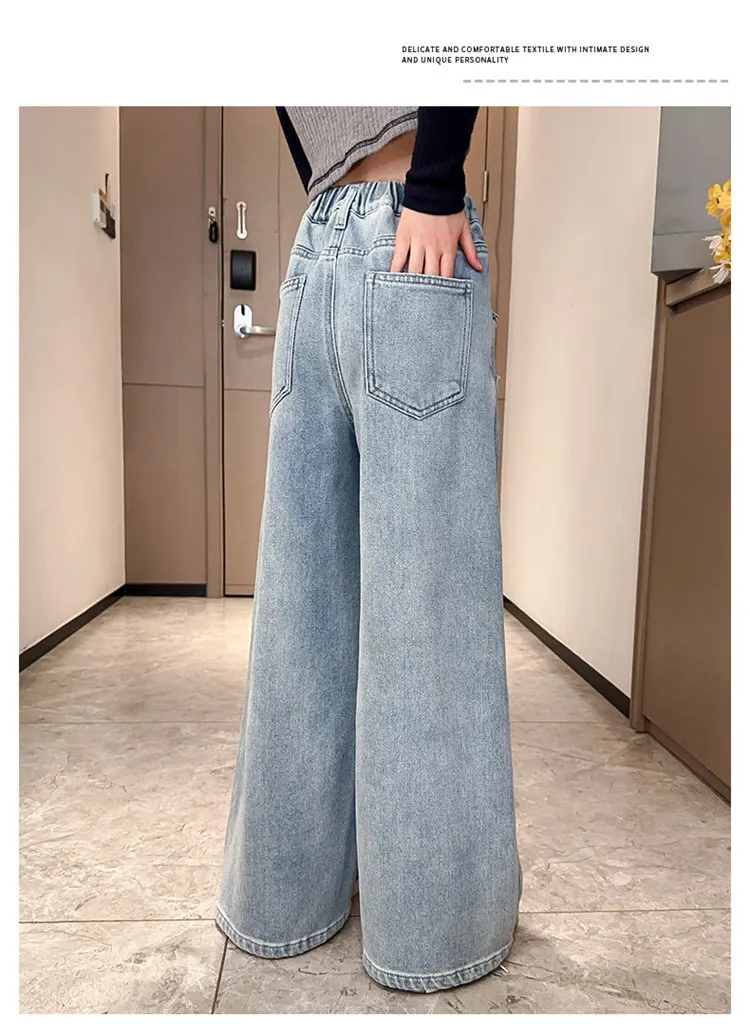Weite Schulhosen für Mädchen mit Herz-Design, Lässige, Lockere 2025 Neue Frühlingsmode Lange Jeans, Kinderhosen im Koreanischen Stil – Detail 4