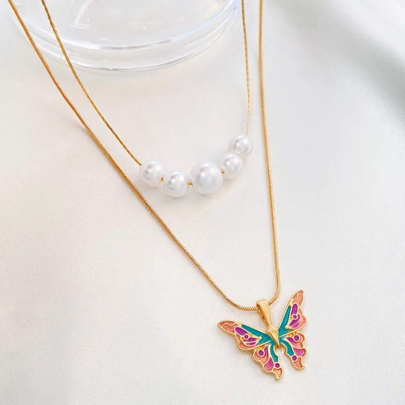 

Fashion Barbie Princess Colorful Butterfly Pendant Necklace for Women Retro Pearl Double Layer Chain Jewelry Accessories GiftS