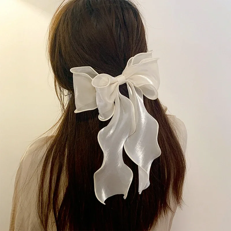 Neue Damen-Haarspange im französischen Stil, süß, rosa-lila, aus Chiffon, mit Schleife und Band, für Freundin, Pferdeschwanz-Clip, Haaraccessoire, Geschenk – Detail 8