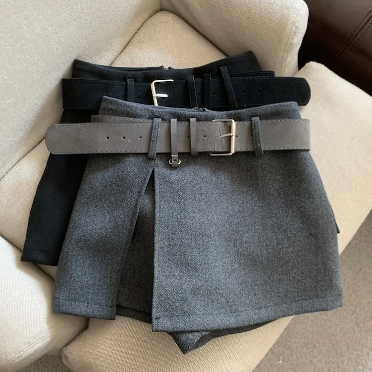 

Women's Autumn Winter Chic Split A Line Short Skirt Lady Solid Color Wool&blend High Waist Mini Skirt