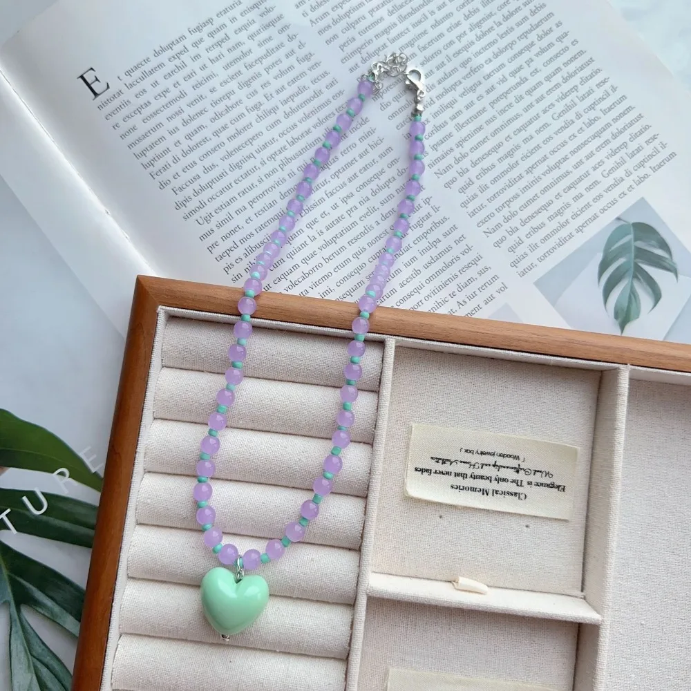 2026 Candy Color Heart Pendant Acrylic Aesthetic Glass Beaded Chain Spring Summer Choker Necklace For Women Girls