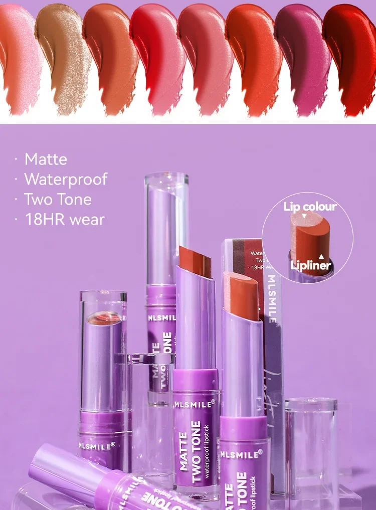 Lápiz labial de dos colores, bálsamo labial hidratante mate nacarado, lápiz labial de maquillaje de labios con mordida degradada.