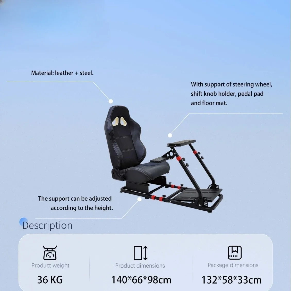 Adjustable racing emulator cockpit wheel frame and racing seat