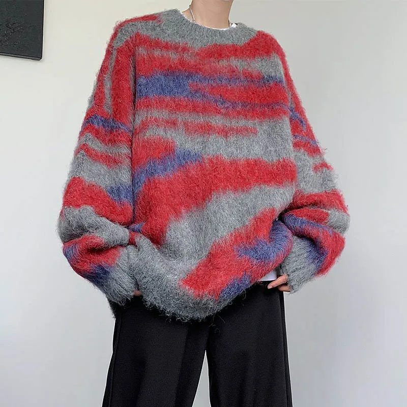 Autumn and winter mink striped color-blocked sweater for men round neck pullover trendy Japanese casual knitted sweater