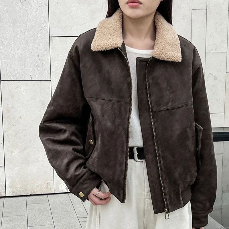 HKSH automne hiver nouvelle veste chaude pour femme Faux daim Patchwork laine d'agneau col rabattu fermeture éclair rétro Y2K épaissir manteau HK14045