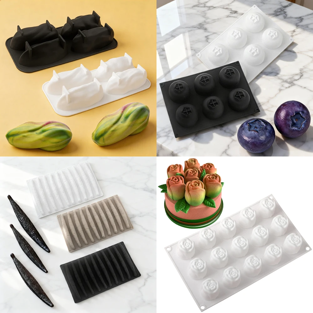 Peanuts Pecan Pistachios Vanilla Blueberry or Rose Design Silicone Chocolate Mold Kitchen Mousse Cake Mould Dessert Baking Tools