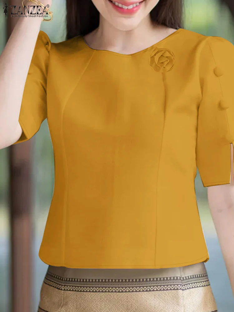 

ZANZEA Stylish Women Flowers Blouse Summer Office Work Shirt O Neck Short Split Sleeve Blusas Fashion Party Tops Tunic Oversize