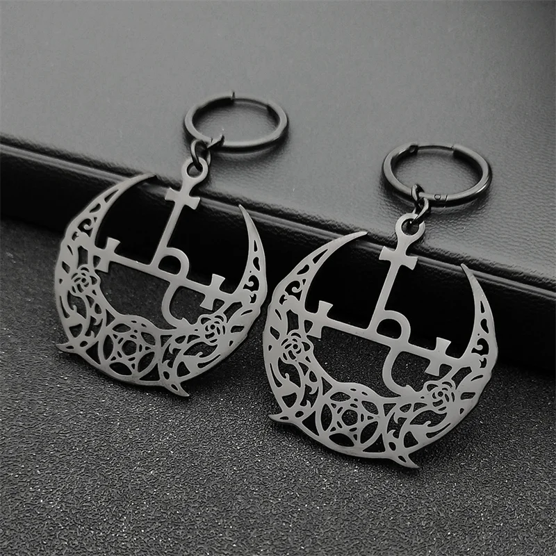Wicca Triple Moon Crescent Pentagram Hoop Earrings For Women Men Stainless Steel Gold Color Satan Lilith Drop Earrings Jewelry
