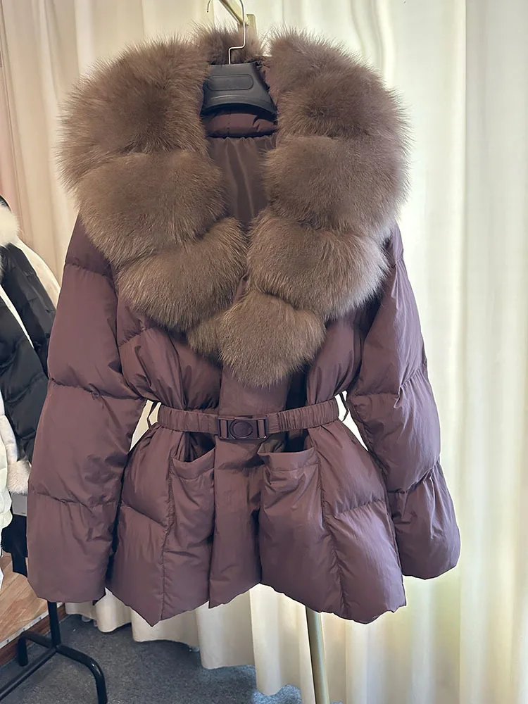 Super Big Real Fox Fur Winter Women 90% White Duck Down Jacket 2025 Ladies Slim Warm Puffer Coat Female Thick Parkas