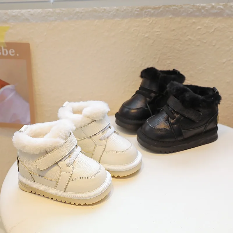 

Winter Children Genuine Leather Shoes for Baby Girls Snow Boots Toddler Shoes Soft-soled Anti Slip Windproof Kids Plush Boots