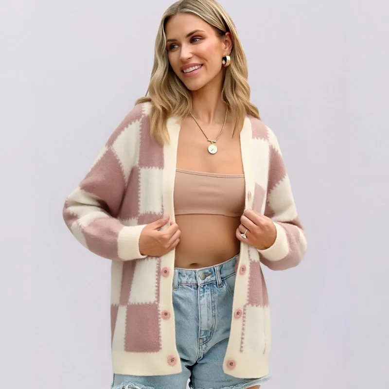 

Осенний новый стиль, свободный повседневный кардиган, свитер с длинными рукавами, нежный и простой женский свитер в шахматном порядке с v-образным вырезом