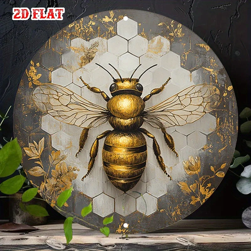 A 2DFlat Retro Tin Sign Showcasing a Dark Backdrop with a Golden Bee And Hexagonal Patterns,Ideal for Wall Decor in a Tea House