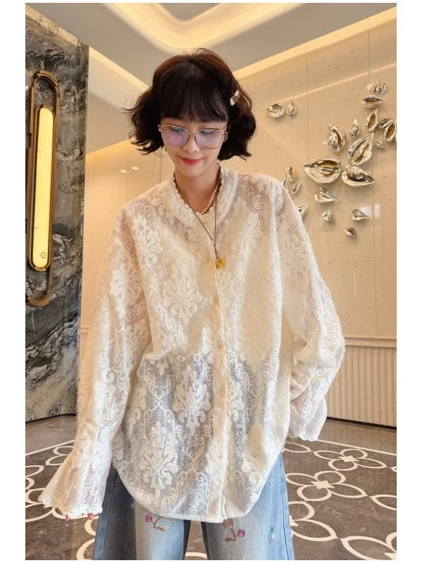 

Новая китайская женская блузка свободного кроя с длинным рукавом, круглым вырезом и кружевными вставками, больших размеров, цвет Morning Mist