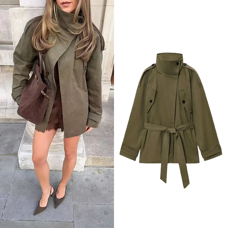 

Women's High Collar Jacket With Belt Casual Autumn Vintage Button Pocket Short Jacket Wide Sleeve Lady Coats Female Chic Tops