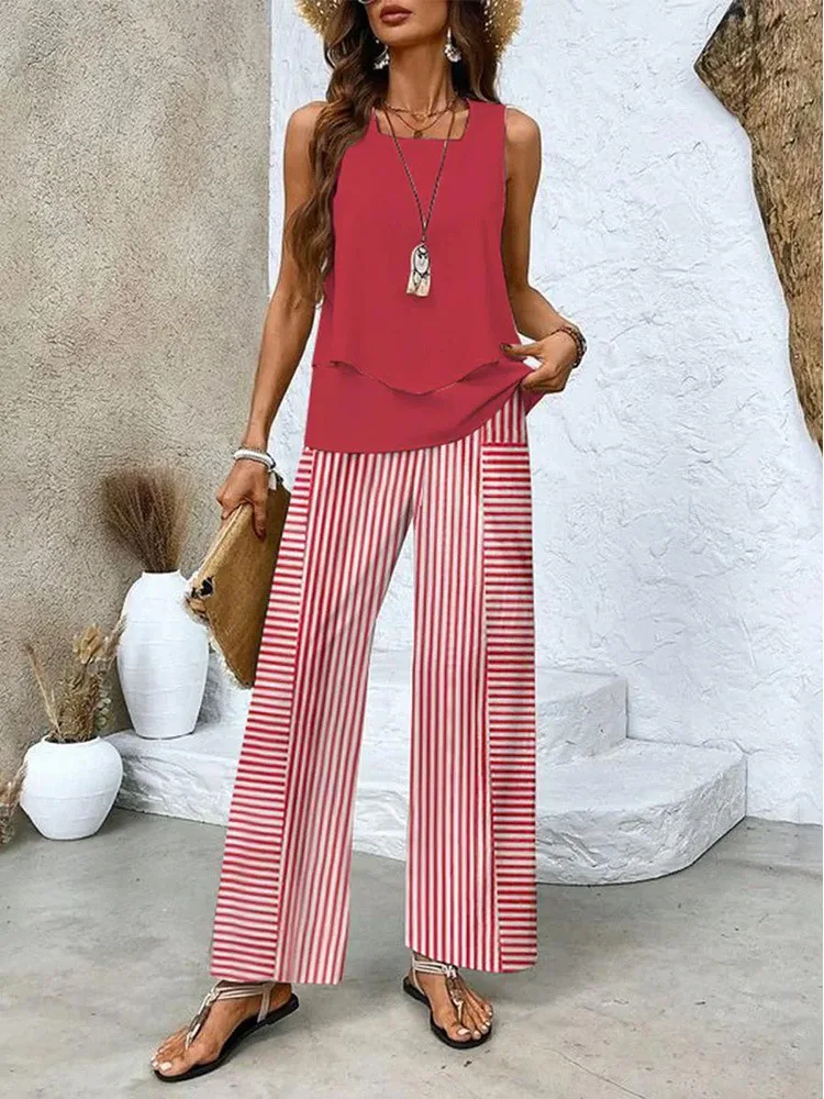 Chiffon Women\'s Sleeveless Vest And Pants Set Summer Fashion Print Set  Fabric Is Soft Comfortable Lightweight Breathable