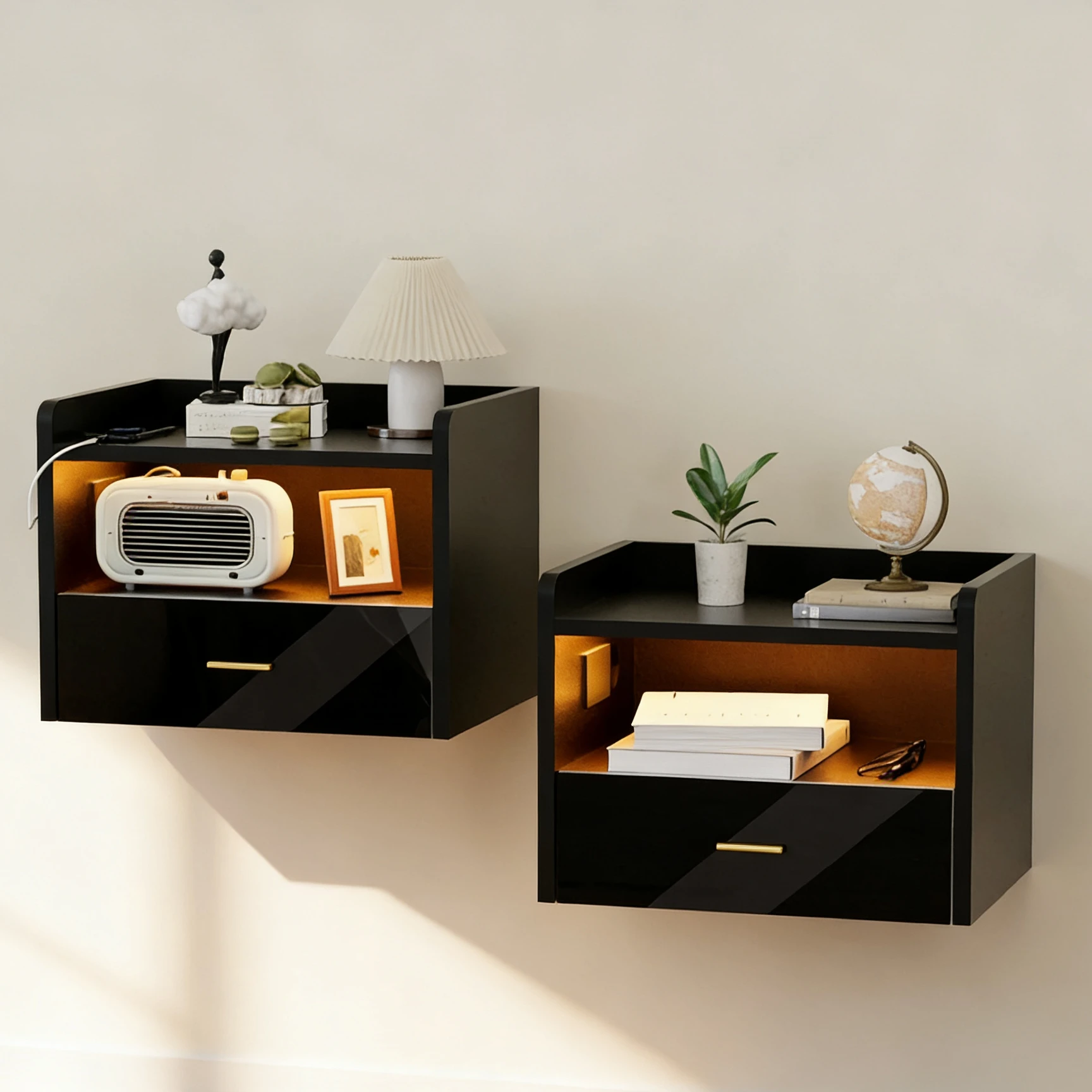 Großer, an der Wand montierter, schwebender Nachttisch, einlagige Schublade, Nachttisch, LED-Licht, schwarzes Design, Sofatisch, Aufbewahrungsschrank