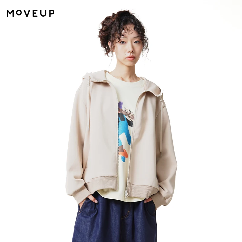 MOVEUP Women's Hooded Drawstring Coat 2026 Autumn Cat Embroidery Zip Up Solid Coats Loose Commuter Casual Outerwear 3ELQ10702