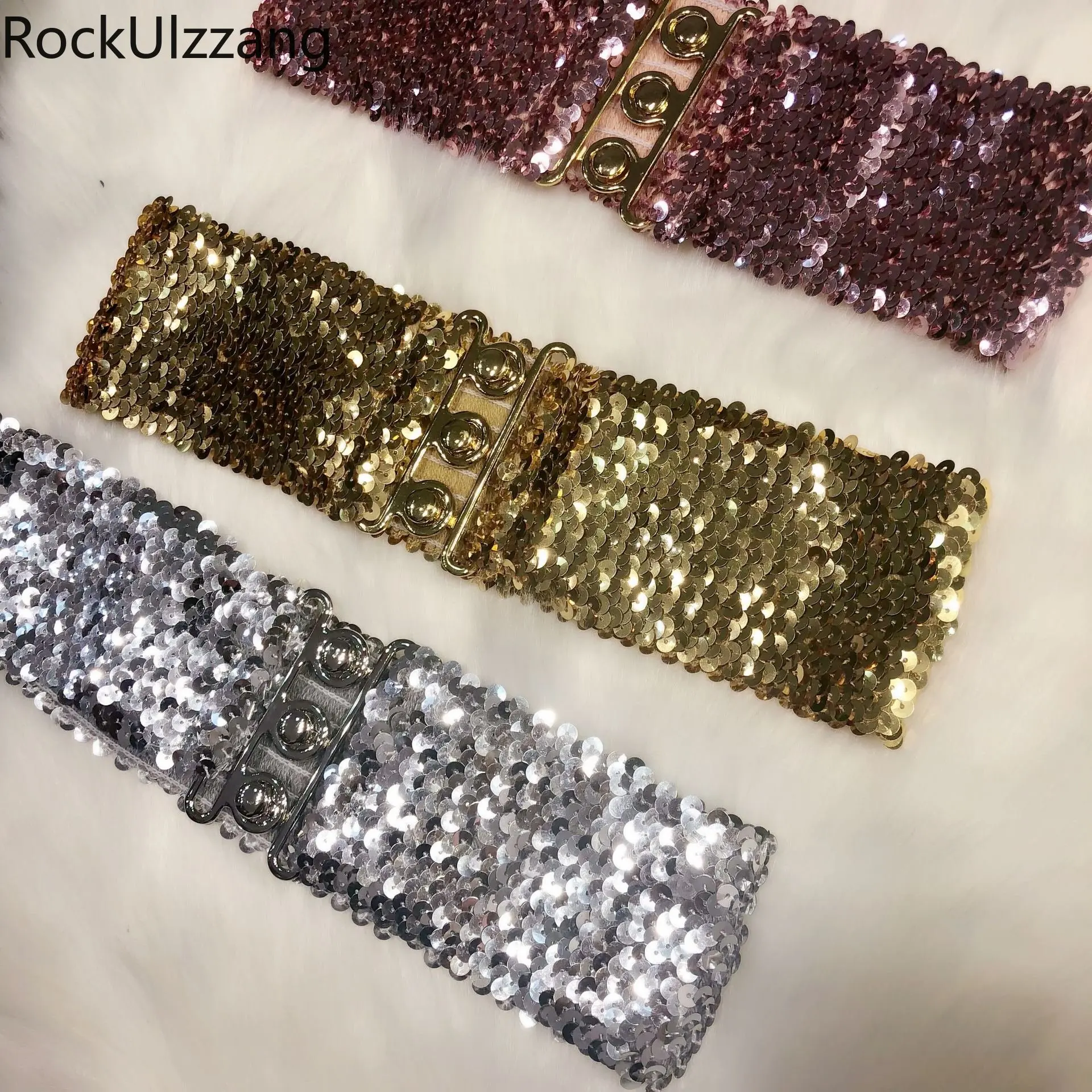 

Sequin Wide Belt Elastic Waistband Waist Belts Luxury Sequined Cummerbunds gothic harajuku fashion