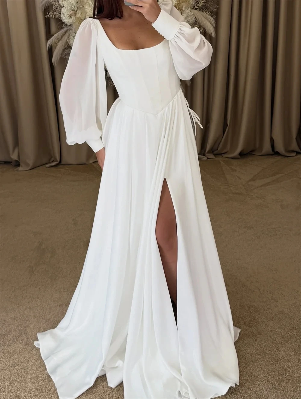 

2026 Simple Beach Wedding Dresses Low Neck Side Slit Long Sleeves Chiffon A-line Bride Bridal Gowns Vestidos De Noiva