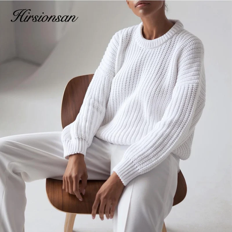 Hirsionsan Loose Autumn Sweater Women 2023 New Korean Elegant Knitted Sweater Oversized Warm Female Pullovers Fashion Solid Tops