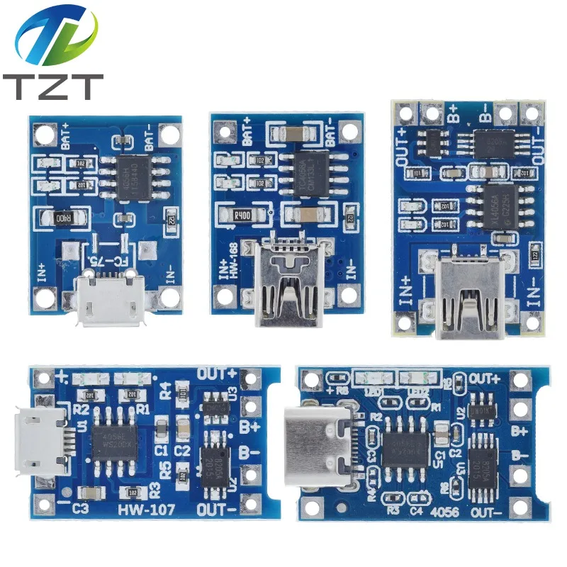 TZT Type-c/Micro USB 5V 1A 18650 TP4056 Modul Charger Baterai Lithium Papan Pengisi Daya dengan Perlindungan Fungsi Ganda 1A Li-ion