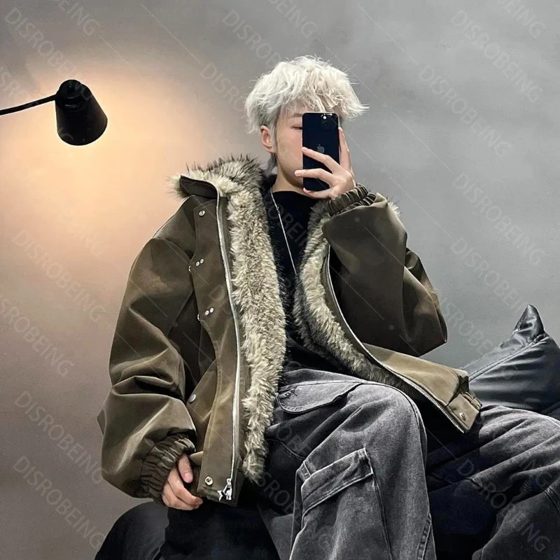 Mens Jacket Harajuku Unisex Winter Thick Cotton Coat Fleece Lined Harrington Collar Plane Buckle Faux Leather Loose Streetwear