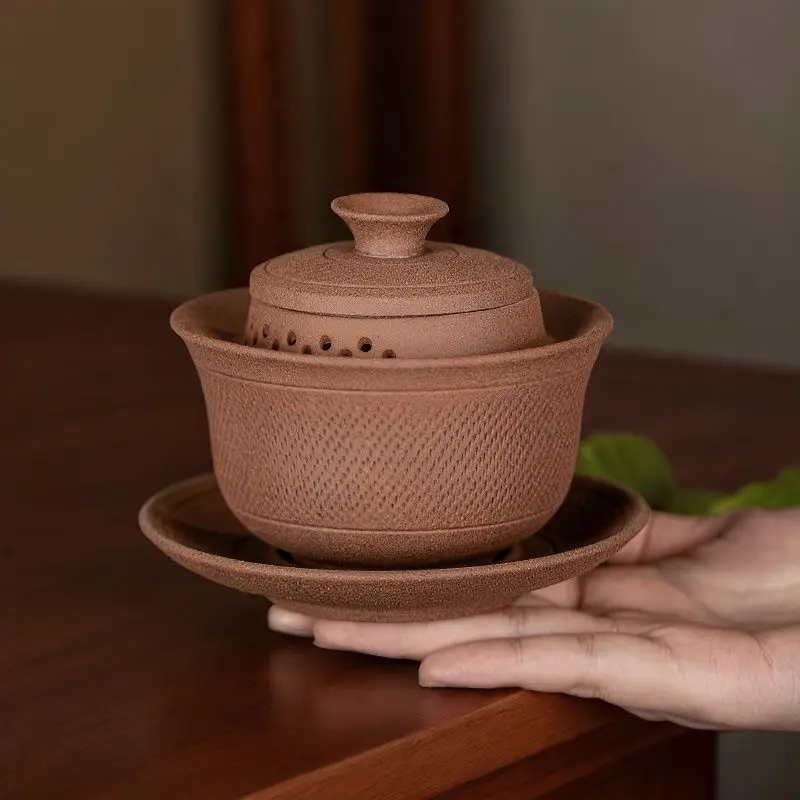 Coarse Pottery Old Rock Clay Raw Gaiwan Ore Handmade Tea Tureen  Anti-Scald Large Tea Bowl Chinese Traditional Tea Set Household
