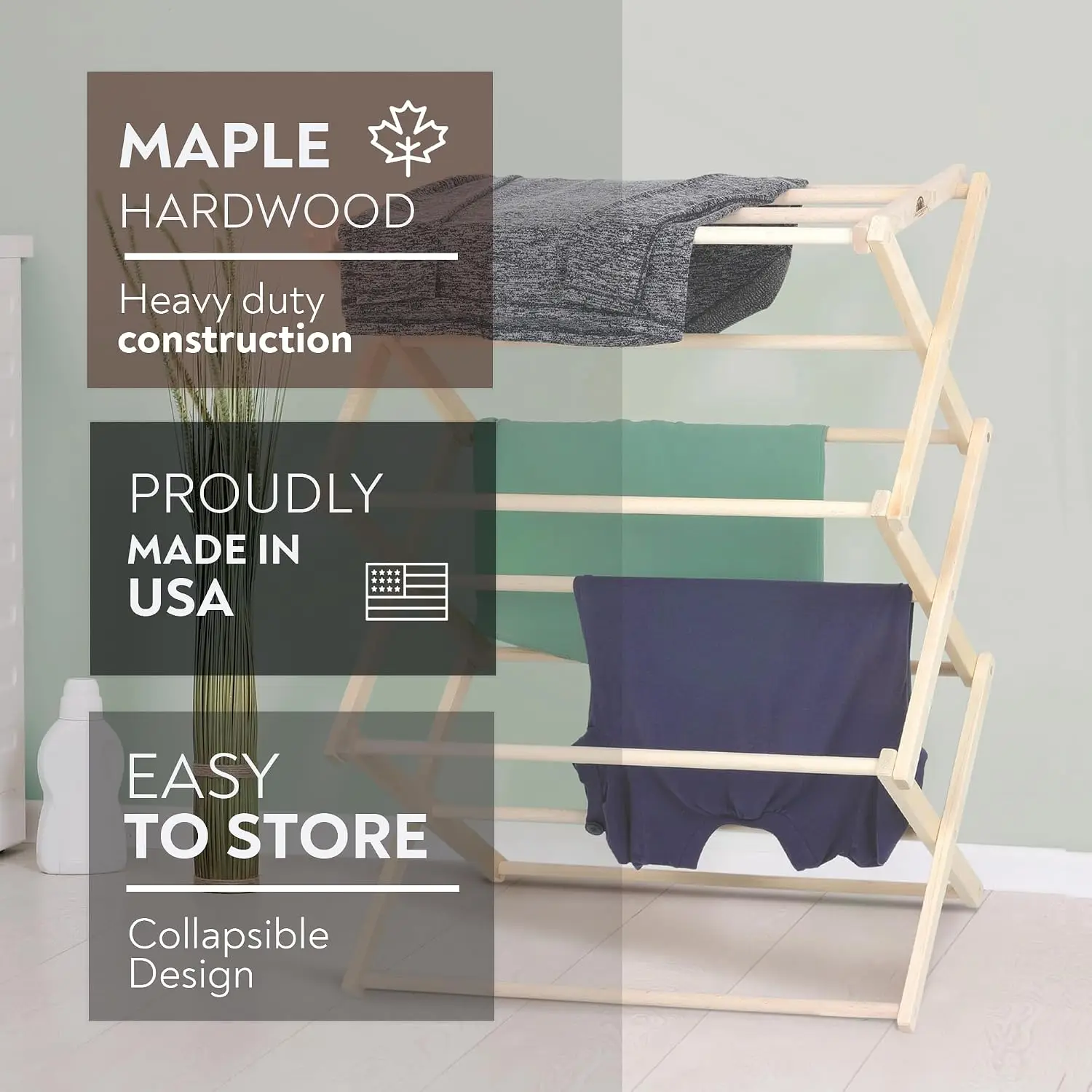 Premium American Maple Clothes Drying Rack - Handcrafted in Pennsylvania - Solid Wood Construction, Collapsible, Eco-Friendly La