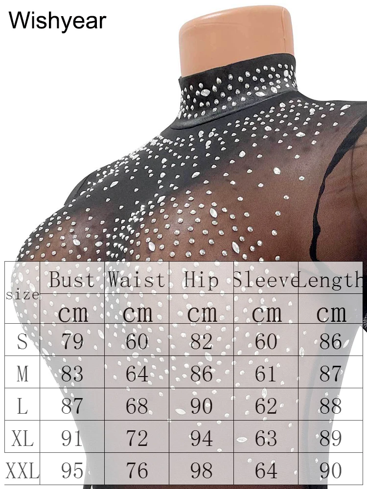 Wishyear Crystal Mesh schiere schwarze Langarm Bodycon kurzes Kleid für Frauen Outfits sexy Party Nachtclub Geburtstag Mini kleider