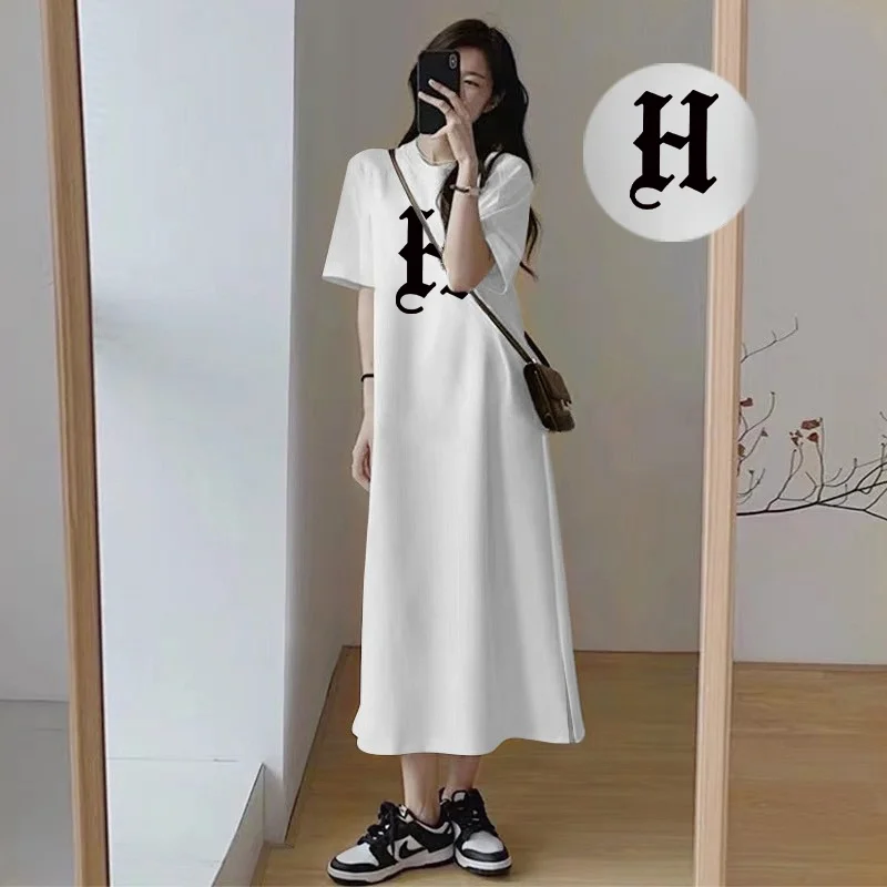 Women Casual Short Sleeve Maxi Dress Gothic Letter H Print Loose Oversized Side Split Summer Long T Shirt Dress view 4