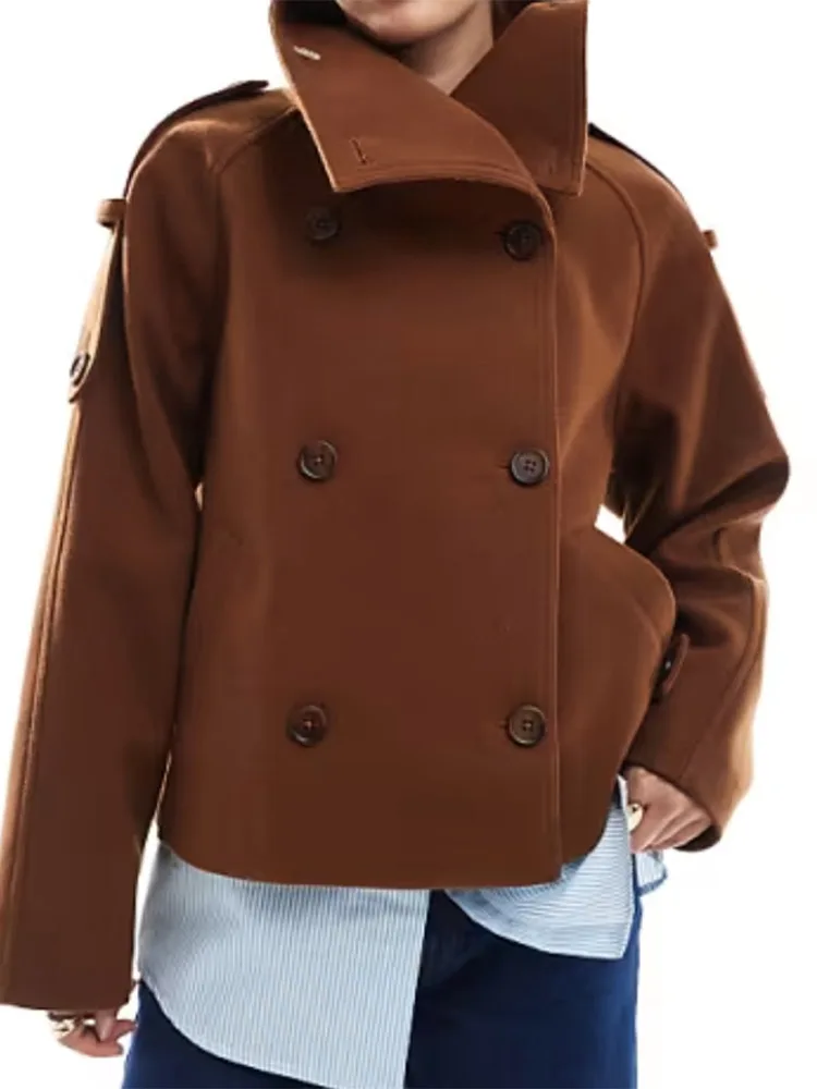 معاطف صوفية نسائية غير رسمية بياقة واقفة وأكمام طويلة وسترات بجيوب لخريف وشتاء 2025 ملابس خارجية للسيدات