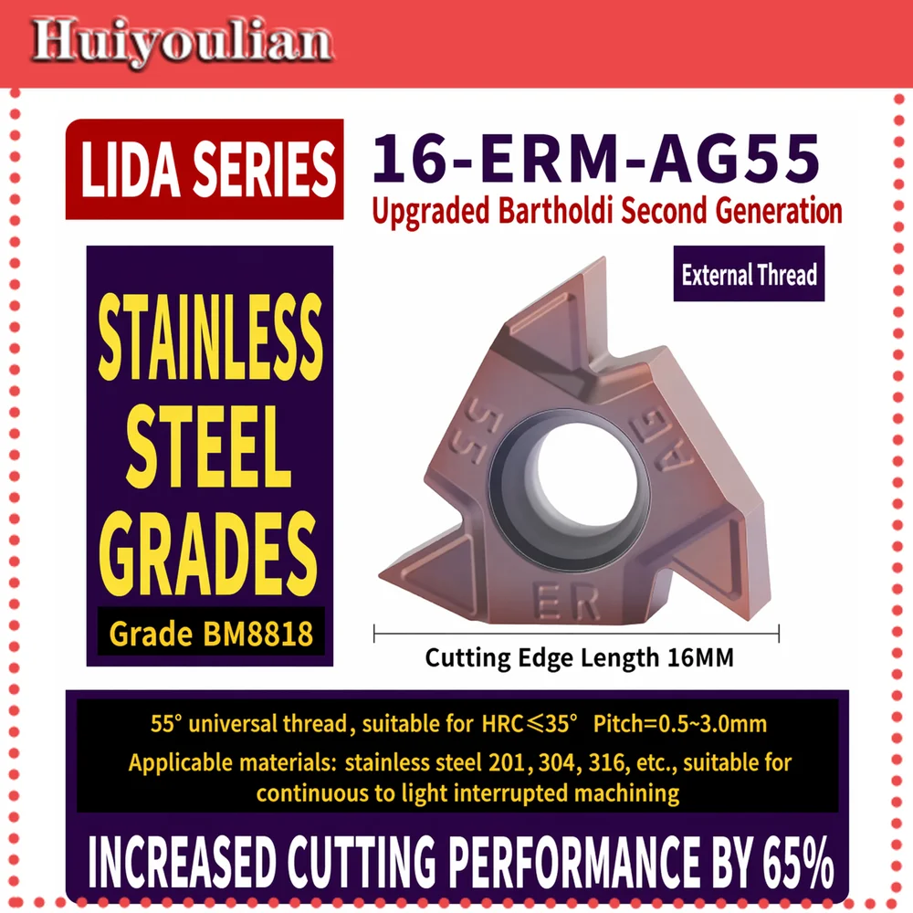 16-ERM-AG55 External Thread Insert BM8818 Balzers Gen2 Coating 55 Deg 16mm for HRC Max 35 Stainless 201 304 316 Pitch 0.5-3.0