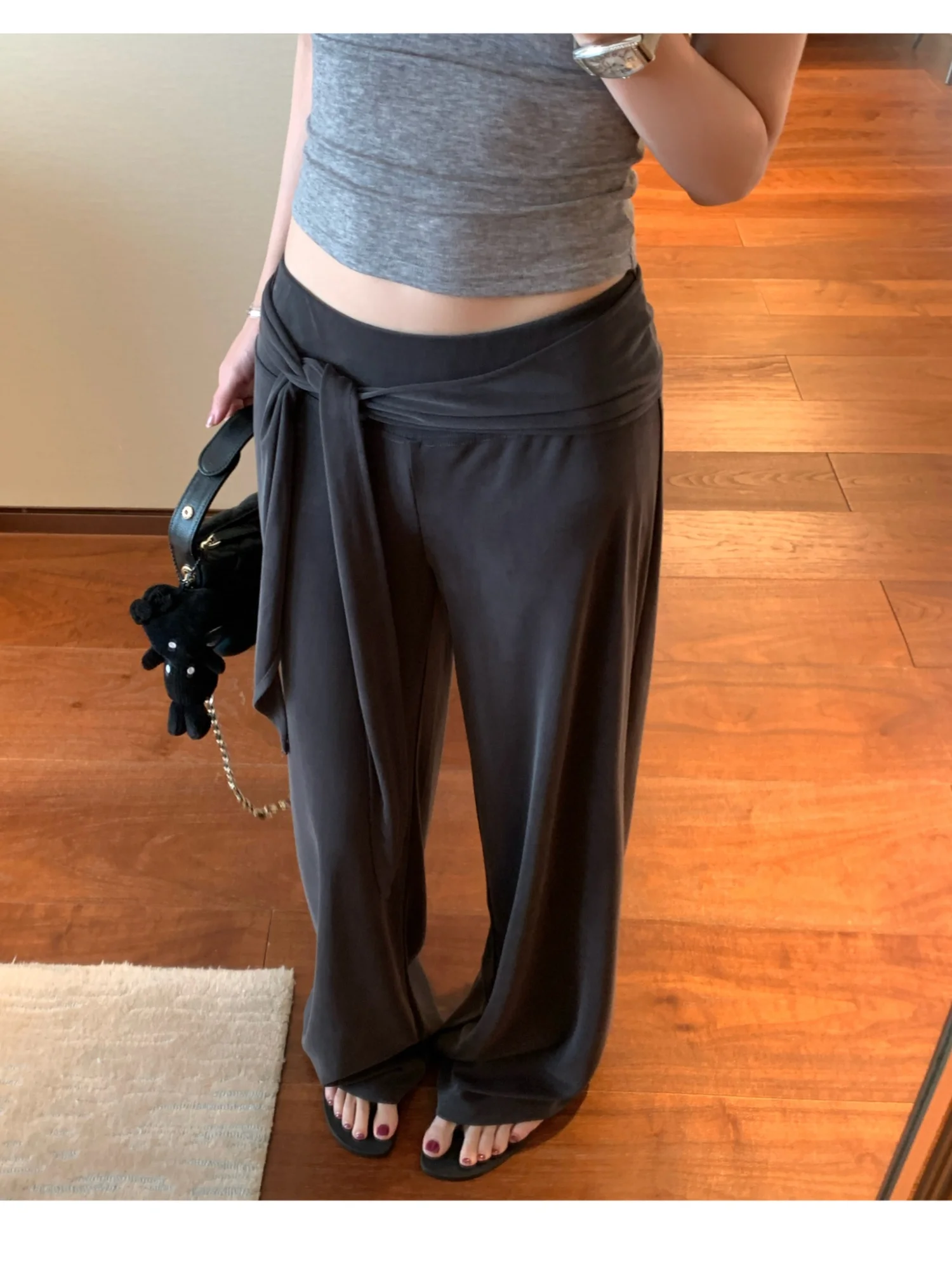 Ego Studio Women's Casual Pants Elastic Waist Straight Leg Anti-Wrinkle Smooth Texture Sash Detachable Fashion Spring 2026