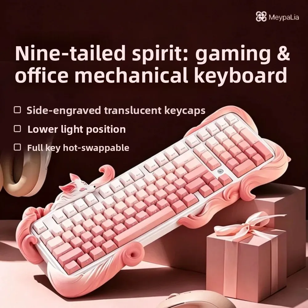 Teclado Mecânico Sem Fio MeypaLie com Tema Raposa de Nove Caudas, Bluetooth Tri-Modo, Retroiluminação ARGB, Hot-Swappable, Equipamento Gamer Feminino
