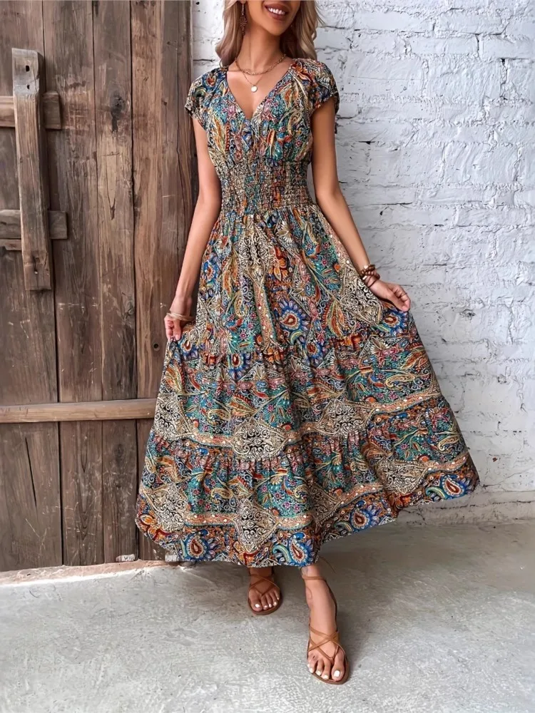 Women's Summer New Boho Dress Fashion Elegant V Neck Short Sleeve Beach Party Office Holiday Casual Dresses For Women Robe Femme
