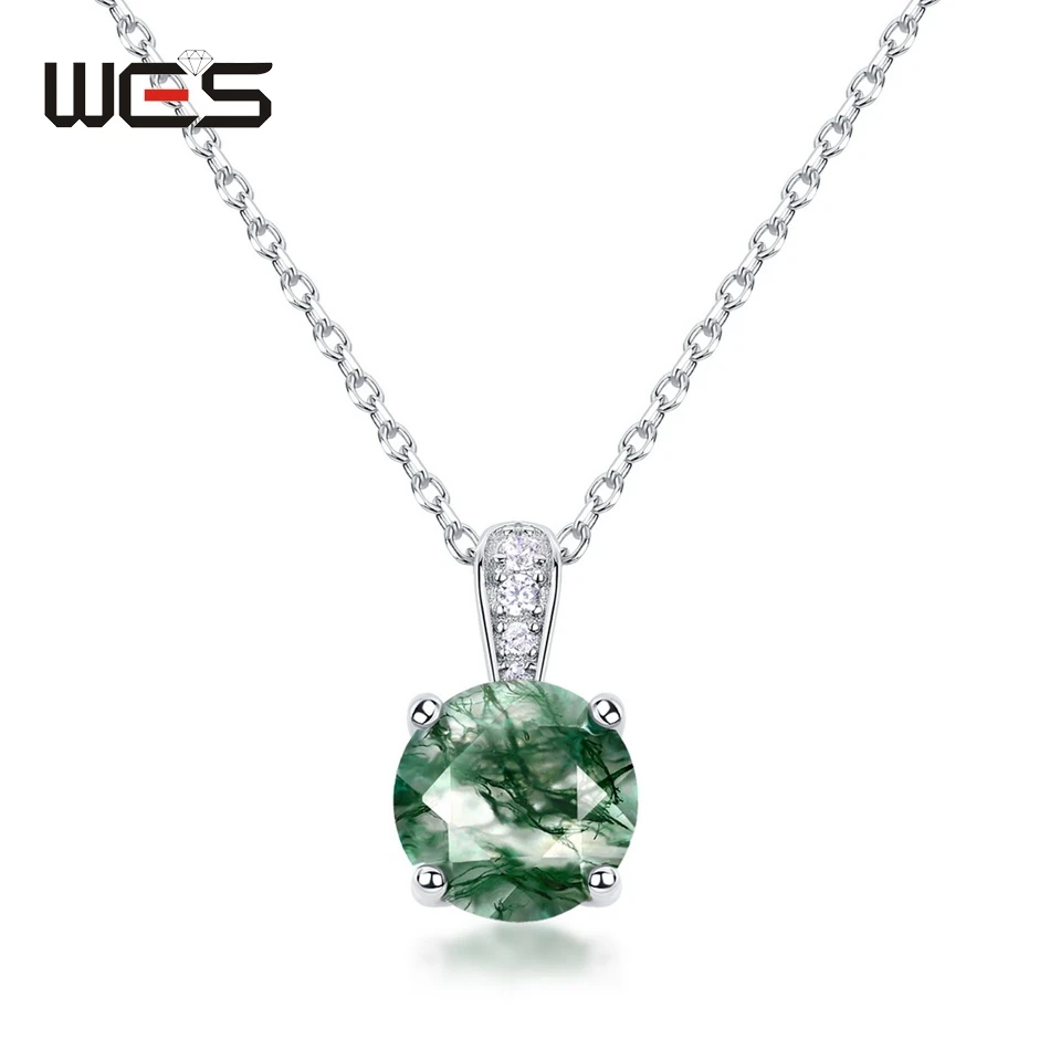 

WES Unique Moss Agate Round Pendant Necklace for Women 8*8mm Natural Gemstone 925 Sterling Silver Jewelry Fashion Exquisite Gift