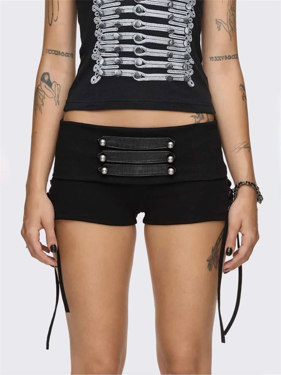 Nibber Patchwork Shirring Short Damen High Street Hottie Trend Nieten Metall Hohl Skinny Sexy Hottie Midnight Club Party Outfits – Detail 6