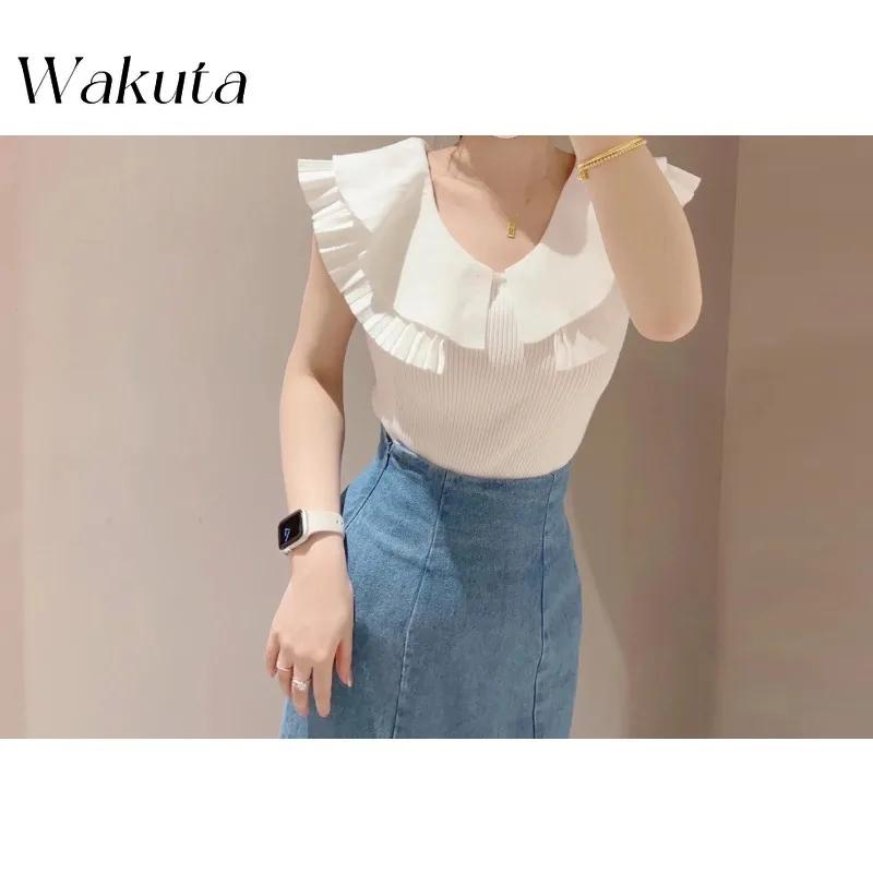 WAKUTA Japanese Classic Autumn Lapel Sleeveless Short Pullovers Simple Sweet Ruffle Splicing Ribbed Knit Sweaters Кофта Женская