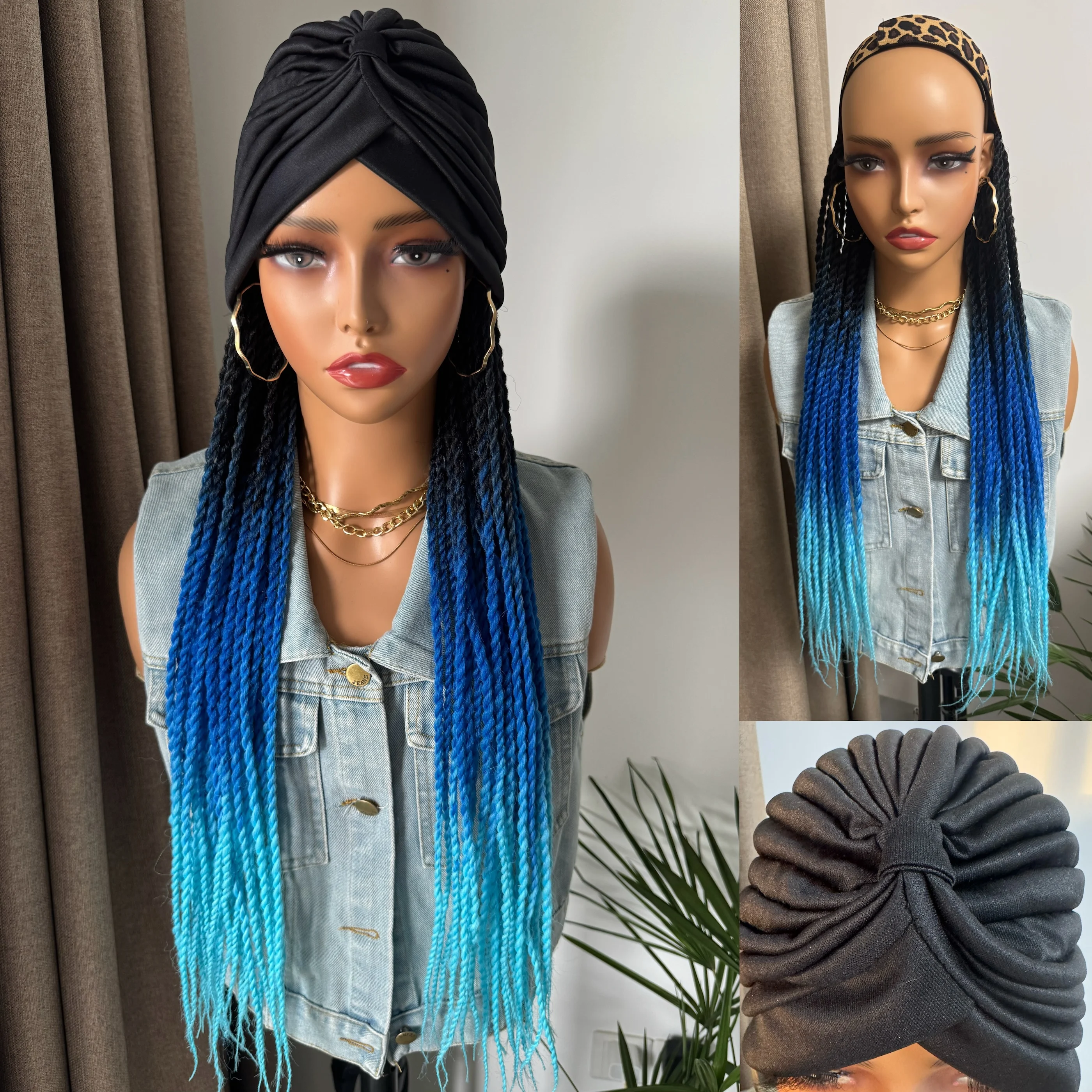 WIGERA Long 24Inch Ombre Fantasy Senegalese Twist Braided Synthetic Wig With Headband Turban Braiding Hair Extensions For Women