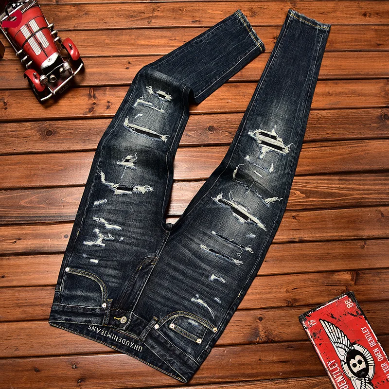 

High-End Men's Clothing 2024 Autumn Trendy Jeans Men's Hole & Patch Scrape Slim Fit Skinny Fashion Stretch Trousers