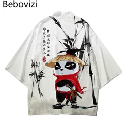 Cardigan estampa panda para mulheres e homens, estilo chinês, roupas asiáticas haori, quimono japonês, roupas de praia harajuku, 2021