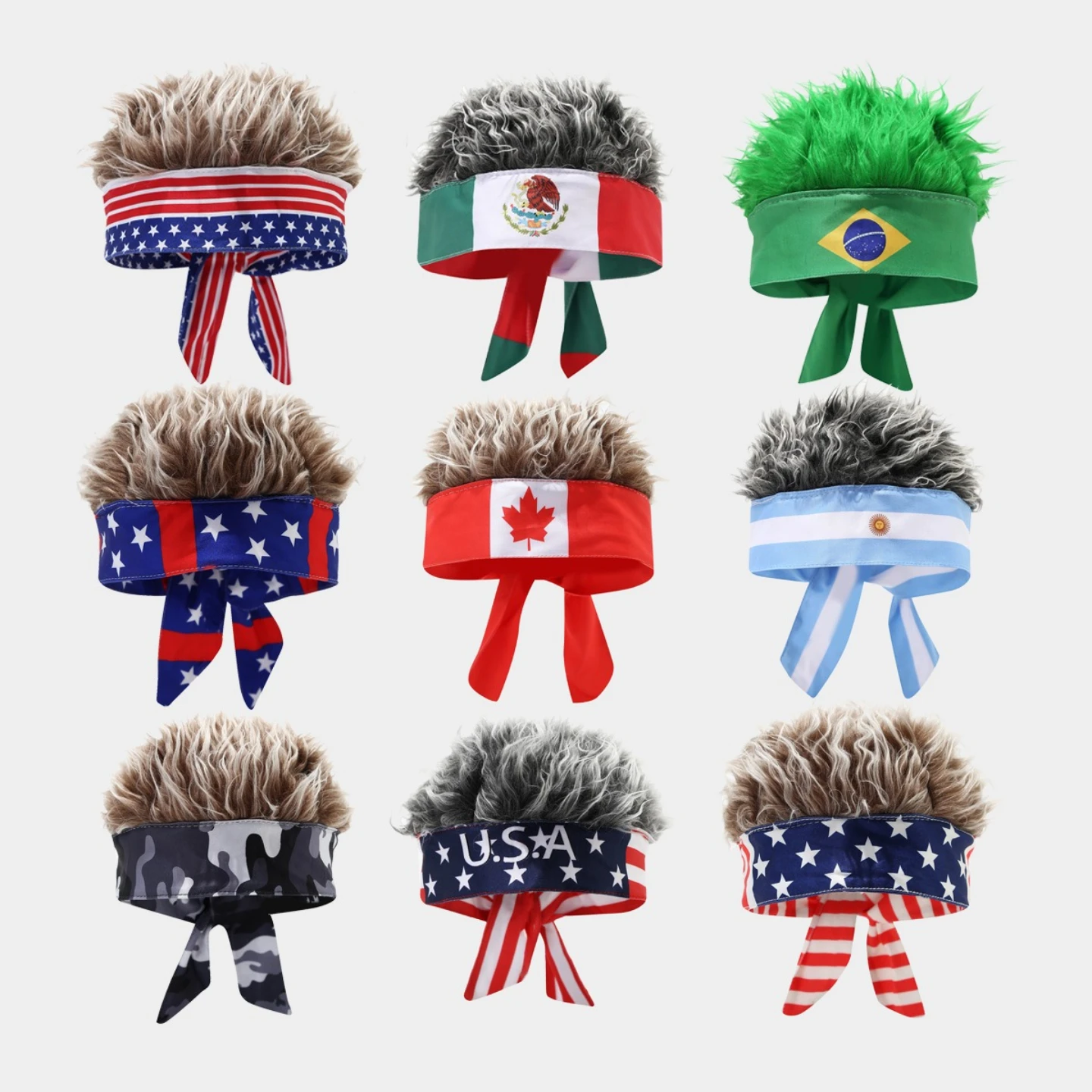 2026 Novelty Wig Headband,Country Flag Inspired Sports Fan Brimless Beanies Hat,Funny Fake Hair Cap for Football Match Parties