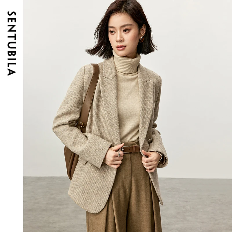 SENTUBILA Office Lady Wool Tailored Coat for Women 2024 Winter Texture Straight Single Button Classic Solid Warm Coats 144X56404