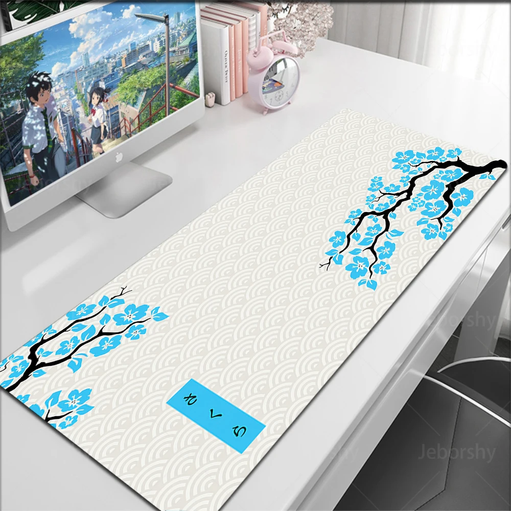Gaming Mouse Pad, XXL Desk Mat, Anti-slip Base, Stitched Edges, Pink Cherry Blossom Wave Japanese Minimal Print Table Mat