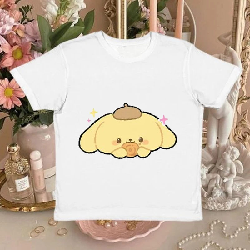 Sanrio Pom Pom Purin Cartoon Y2K T-Shirts Leisure  Short Sleeve New Summer Slim Fit  Versatile Clothing