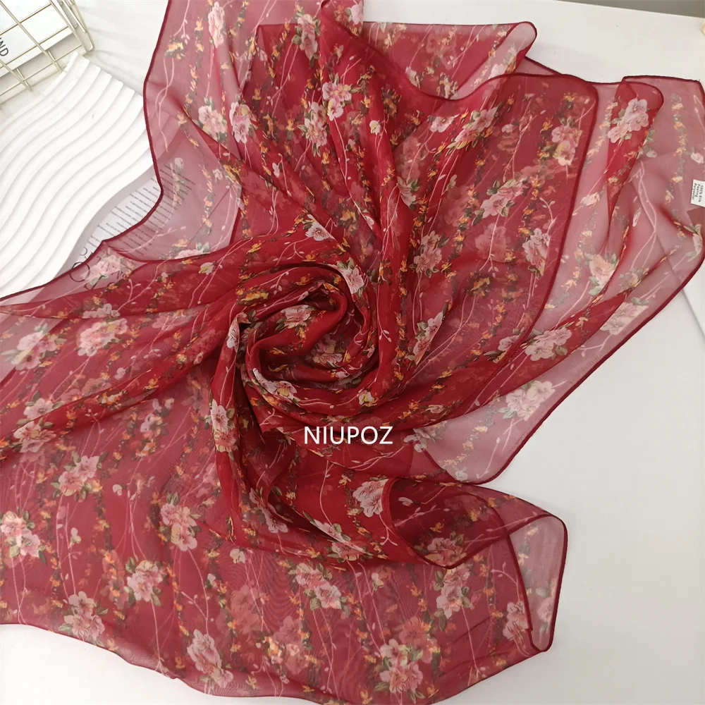 Georgette-Bandana de gasa con flor pequeña para mujer, pañuelo elegante de color rojo para playa, protector solar, Hijab fino para verano